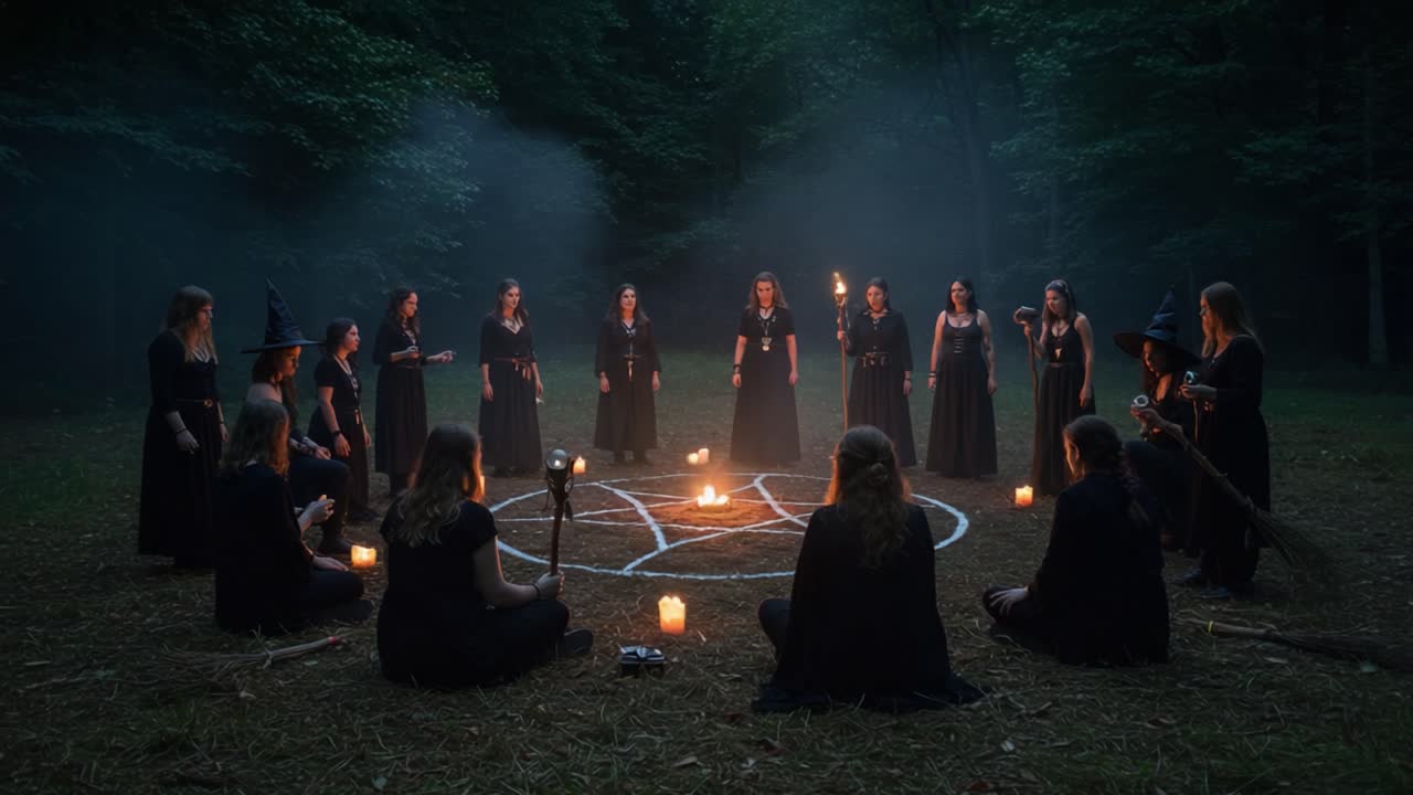 A Mysterious Gathering of Figures in Long Dark Attire Engaged in an Enigmatic Ritual with Candles and a Symbolic Circle Under Moonlit Trees