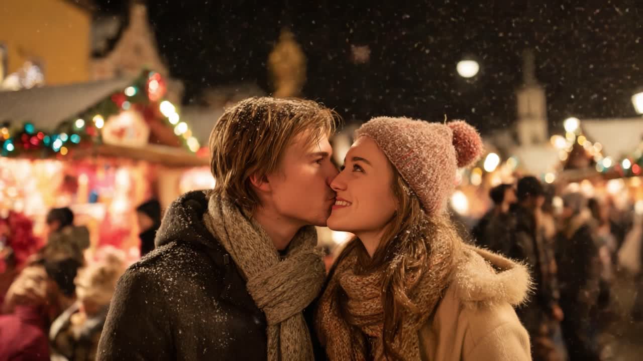 A Romantic Winter Moment: A Couple Shares a Kissing Embrace Surrounded by Festive Lights and Enchanting Holiday Decor at a Christmas Market