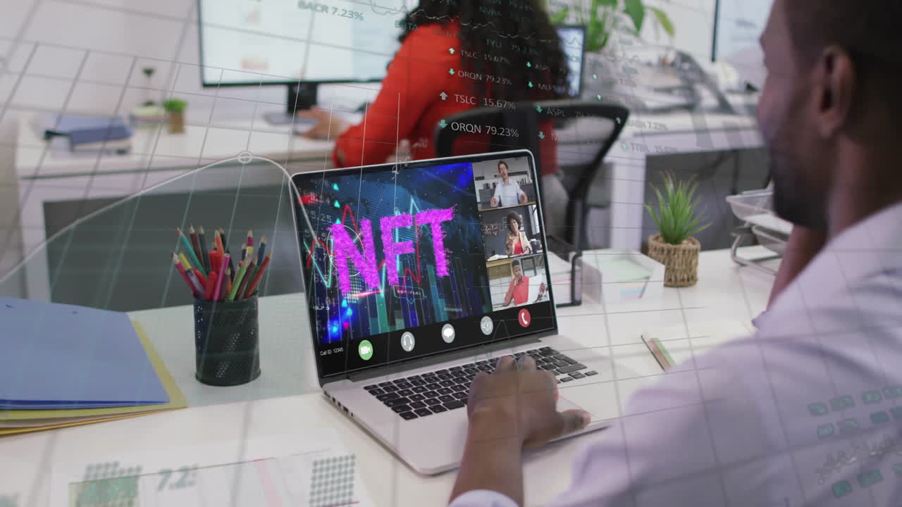 Person attending virtual meeting on laptop with NFT text animation overlay
