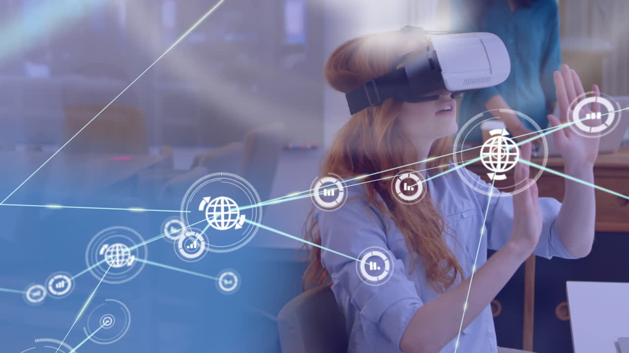 Animation of network of connections with icons over caucasian businesswoman using vr headset
