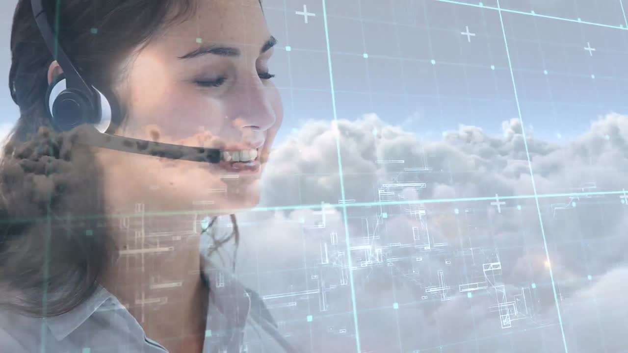 전화 헤드 ⁇ 을 착용 한 사업가 들 위 에서 데이터 처리 의 애니메이션