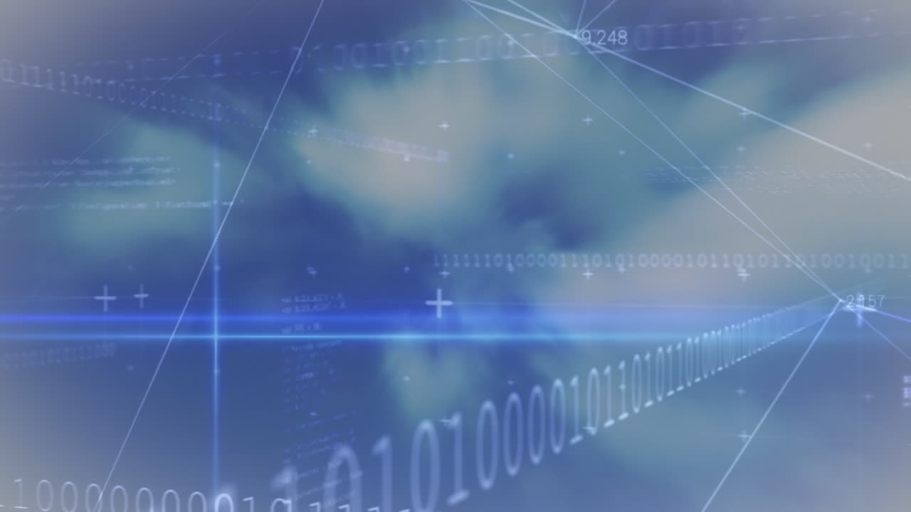 Animation of data processing and binary code over clouds