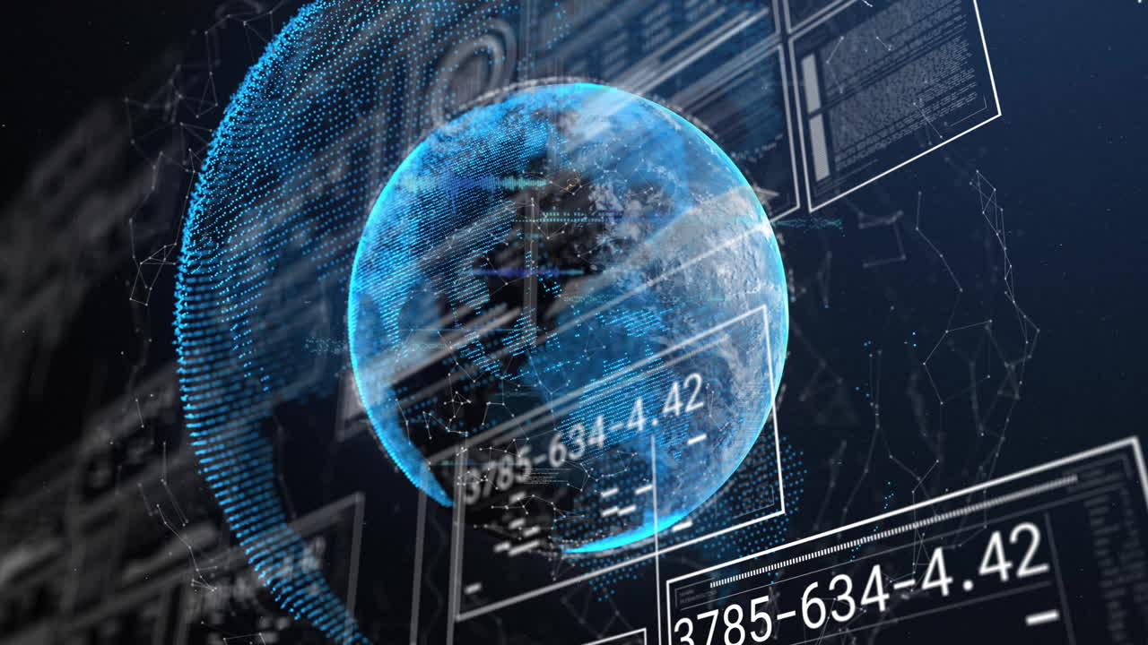 Animation of data processing and globe on black background