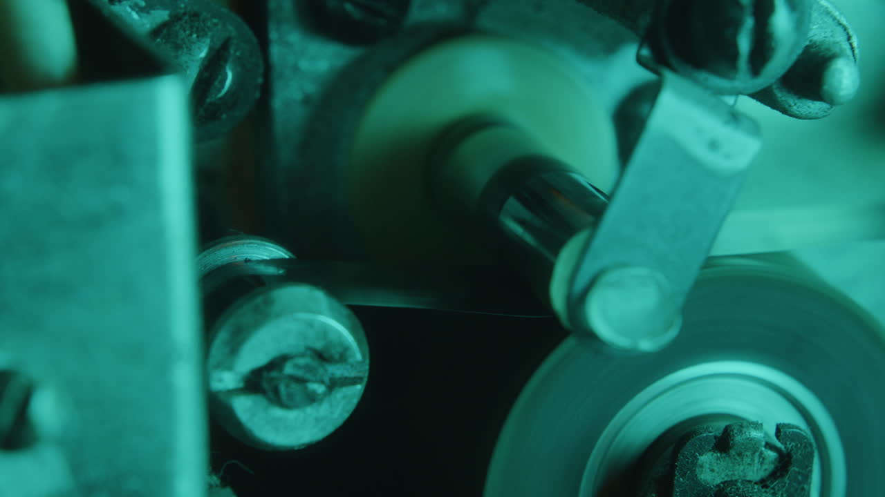 Internal Parts of Retro Analog Reel Tape Recorder in Operation