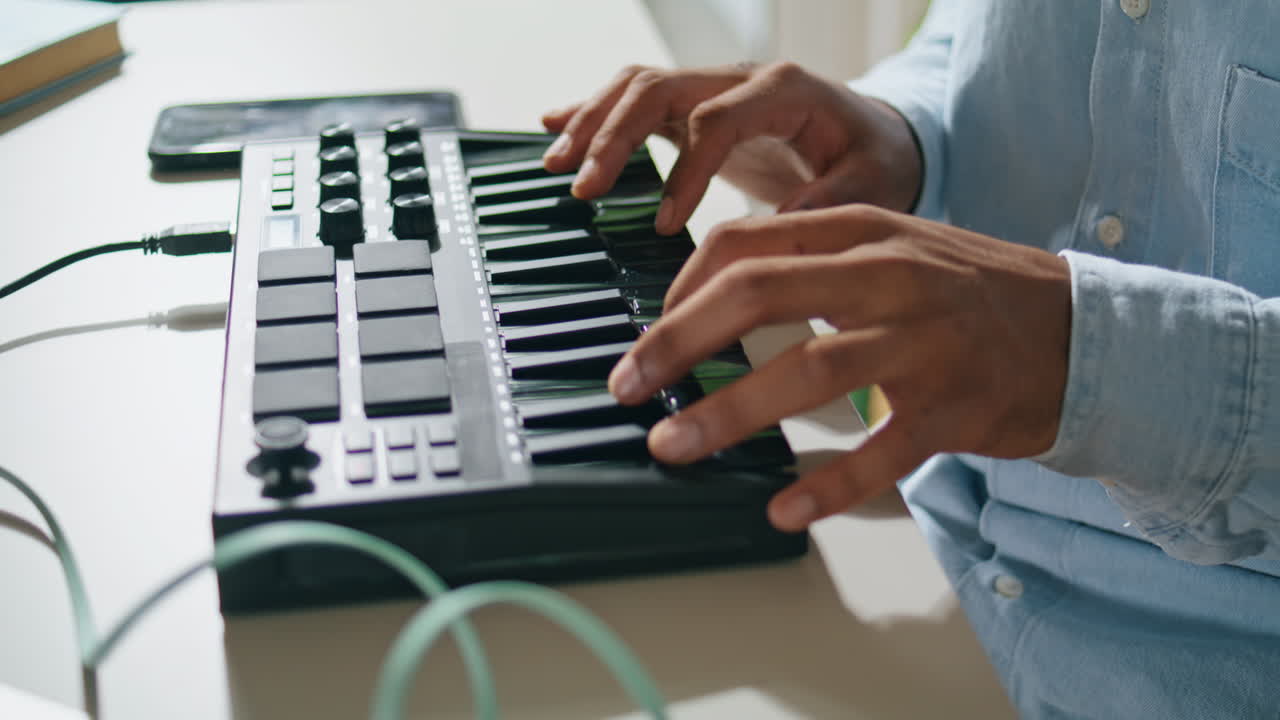 홈 클로즈업에서 성공적인 남성 싱 트랙. 갈색 피부 편곡자 팔 타이핑