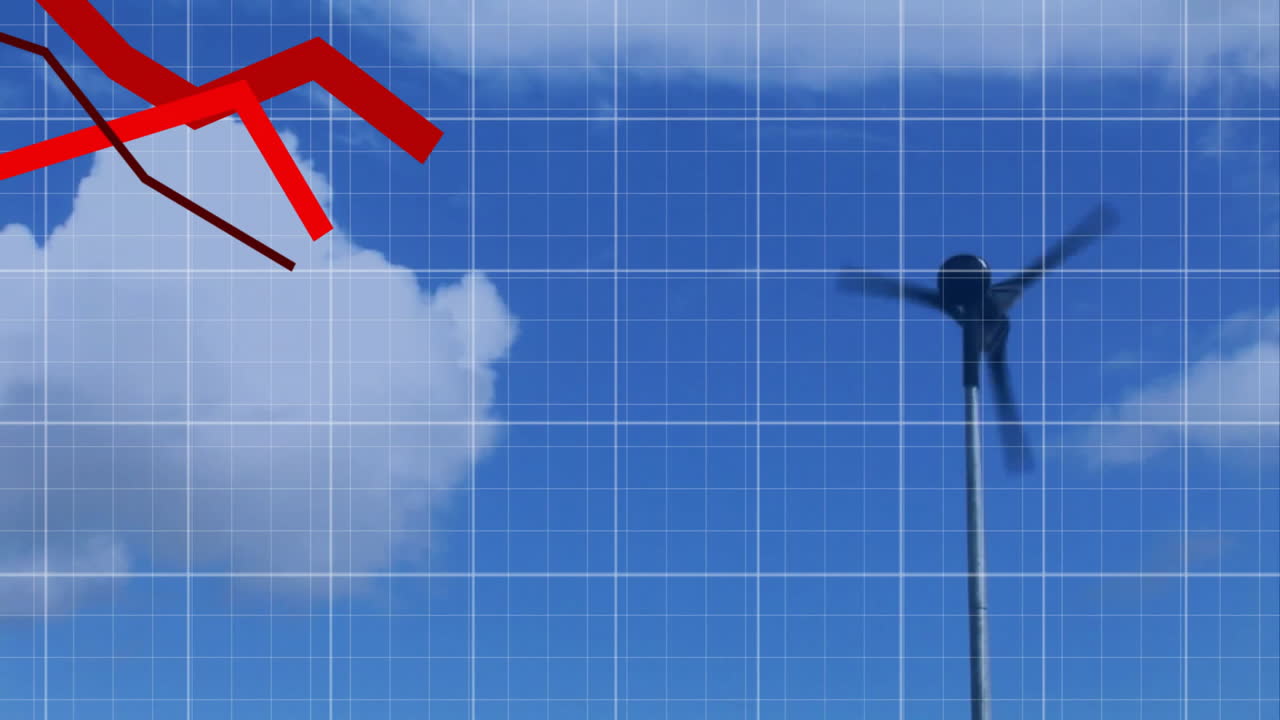 파란 하늘과 구름에 대한 풍력 터빈 위의 빨간색 감소 그래프 애니메이션