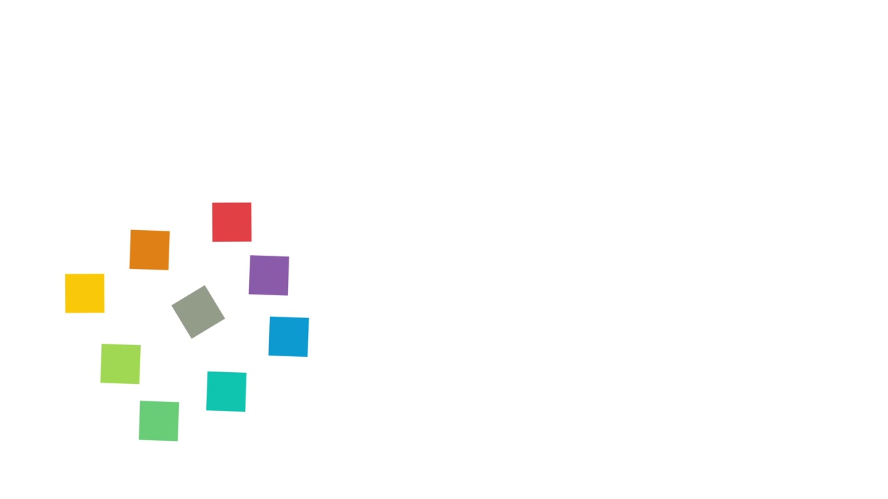Perfect 10-second seamless loop of a 3x3 grid of colorful squares. Squares fly apart, rotate, and return to form a perfect block on a white background. Ideal modular background for tech, data