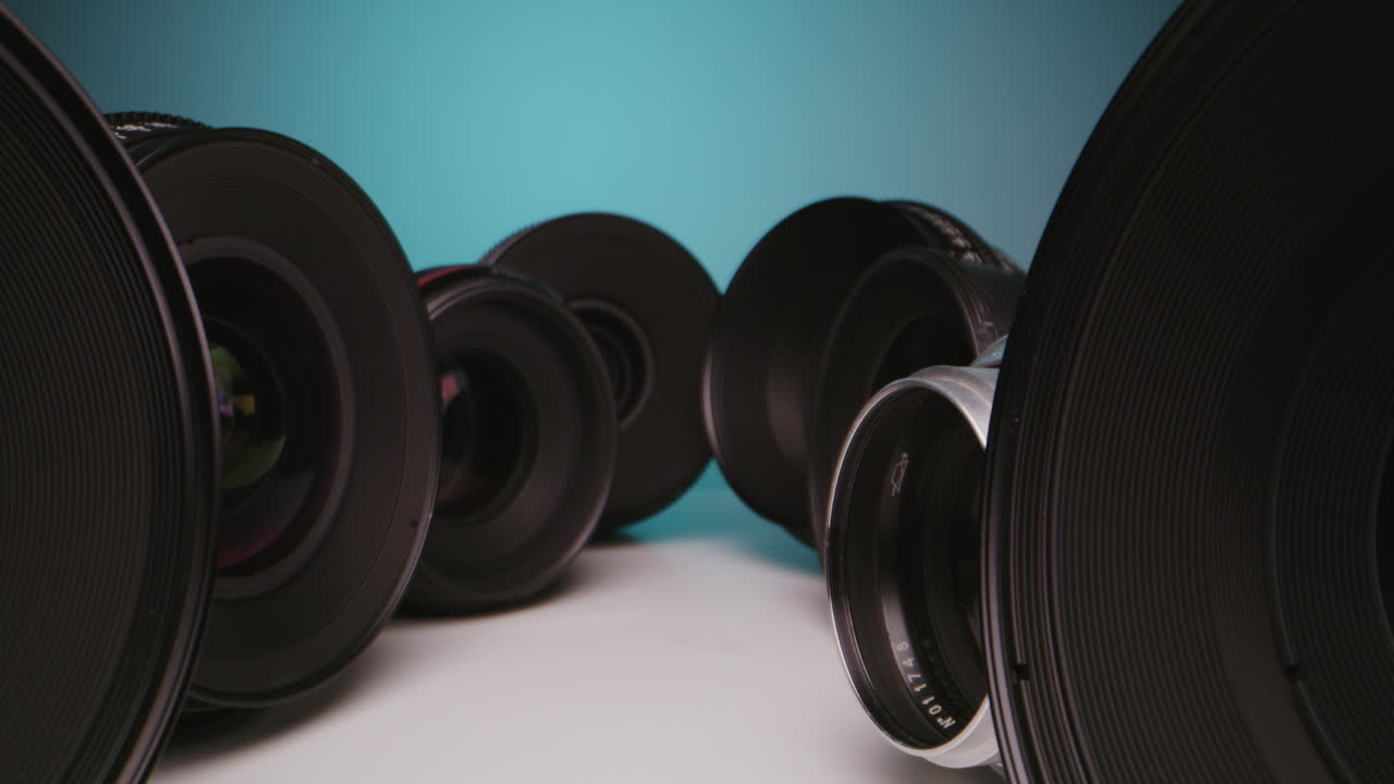 Close-up of various camera lenses