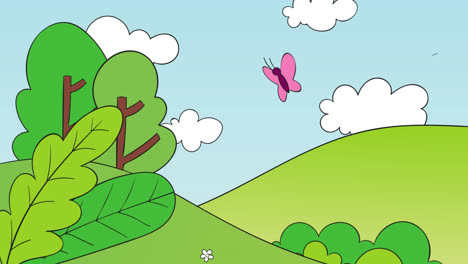 gráfico de movimiento de paisaje de primavera dibujado a mano con naturaleza y mariposa