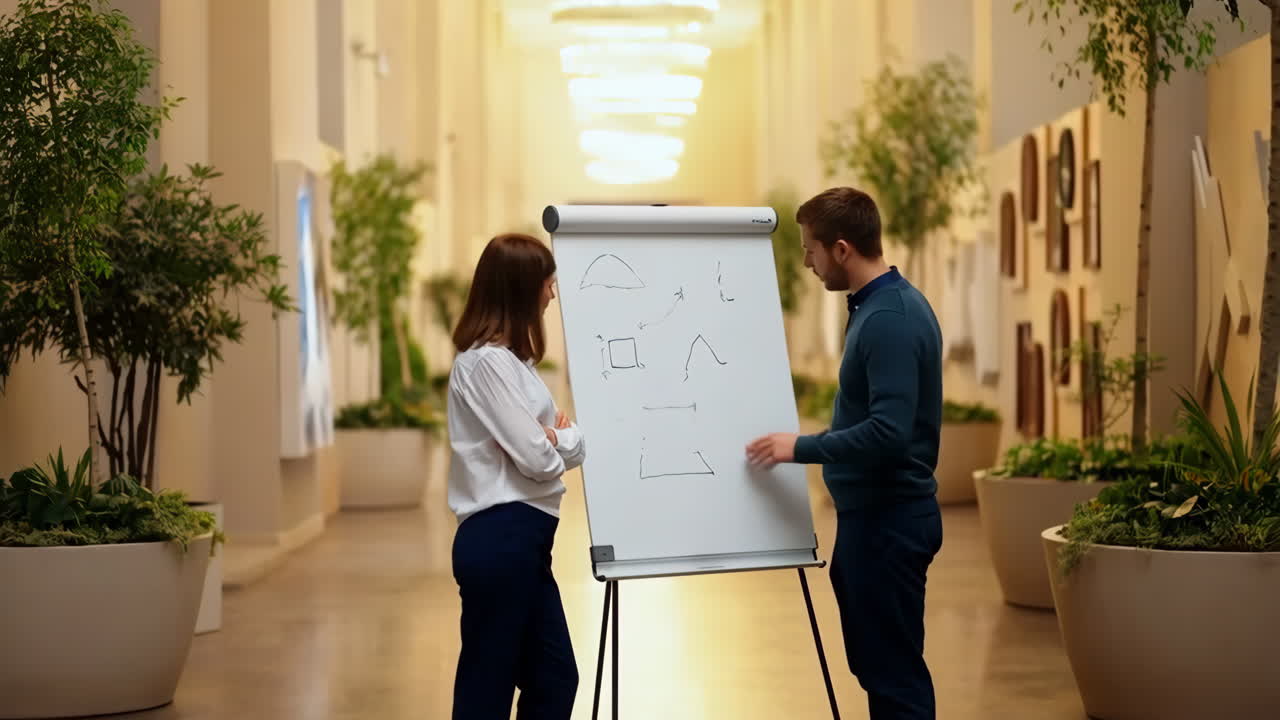 Two colleagues discuss ideas on a whiteboard in a modern office
