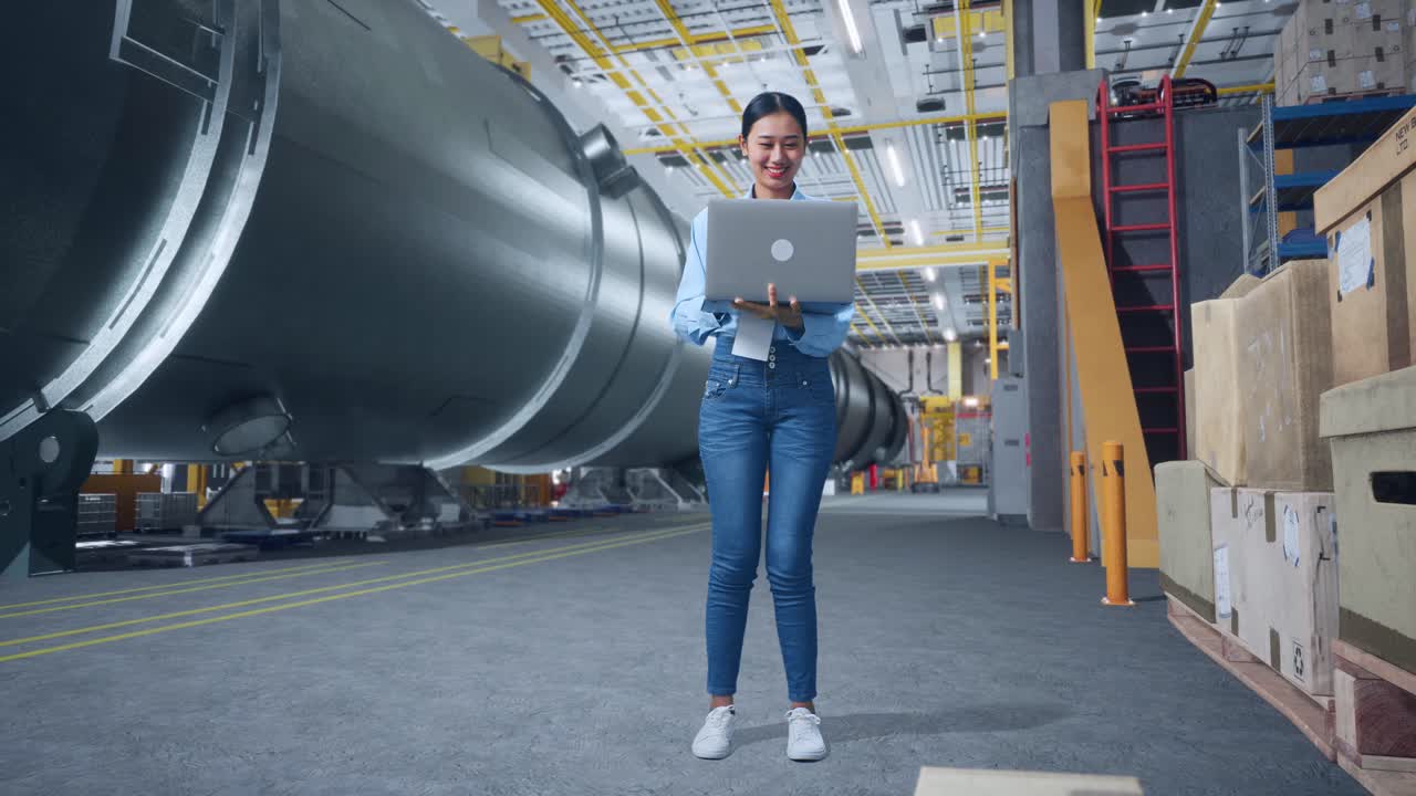 mujer ingeniera trabajando en una computadora portátil en una fábrica