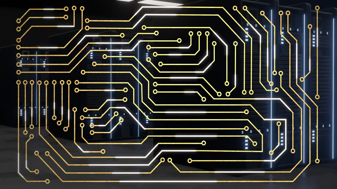Animation of circuit board pattern overlaying servers in modern data center