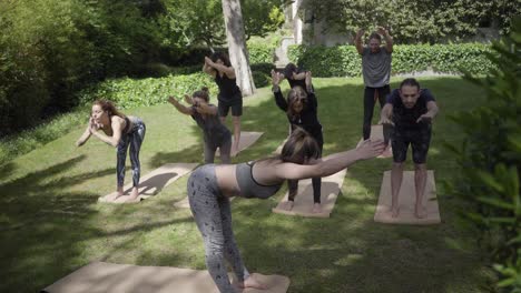 Sportive-people-practicing-yoga-in-park