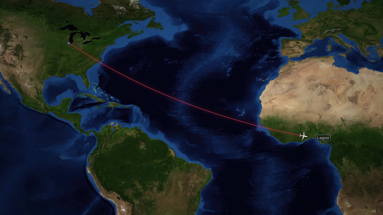 A digital airplane icon travels along a red line from Chicago to Lagos over Earth