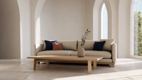 spacious and bright modern living room with beige sofa and arched windows