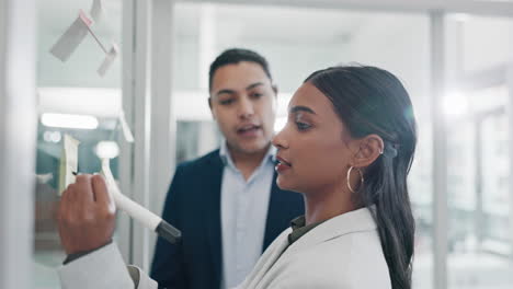 Glass-wall,-teamwork-and-business-people-writing