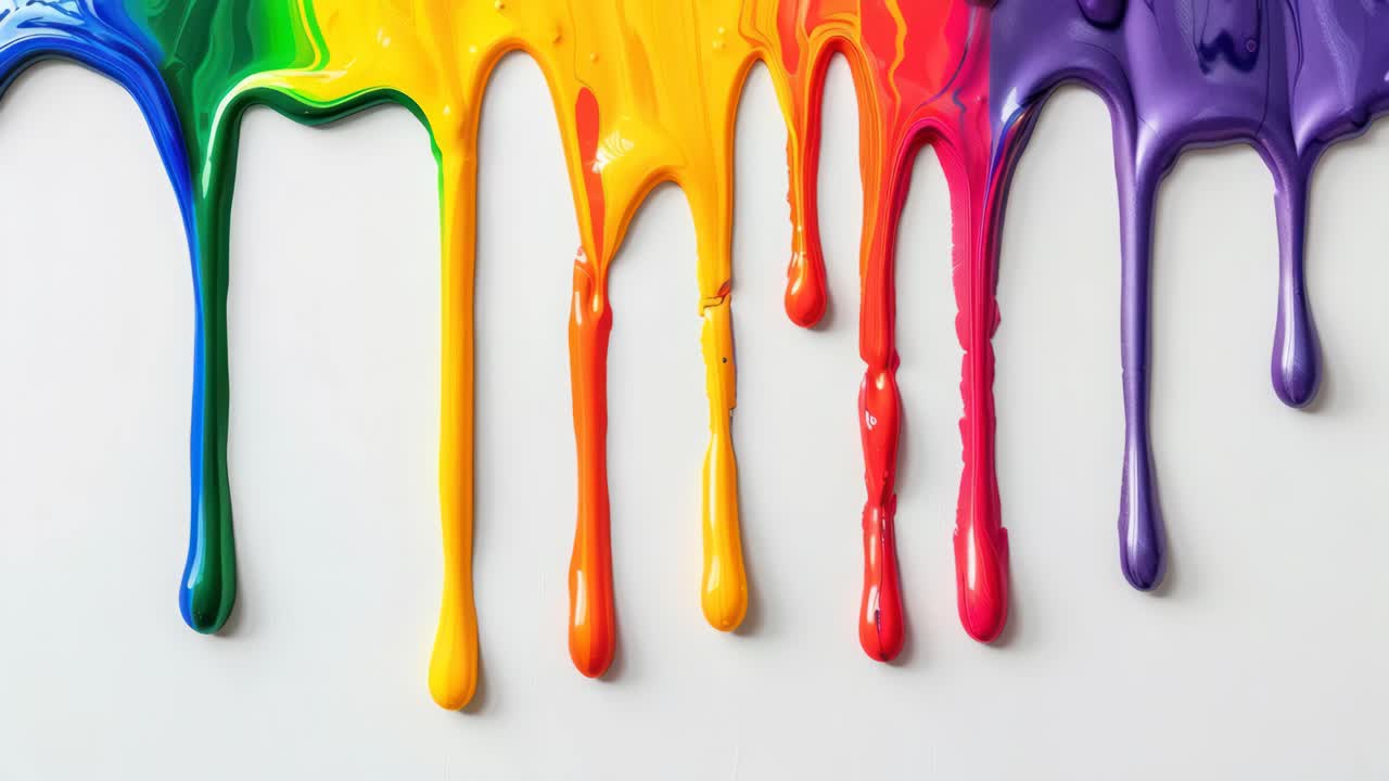Vibrant paint drips in rainbow colors cascade down a white surface