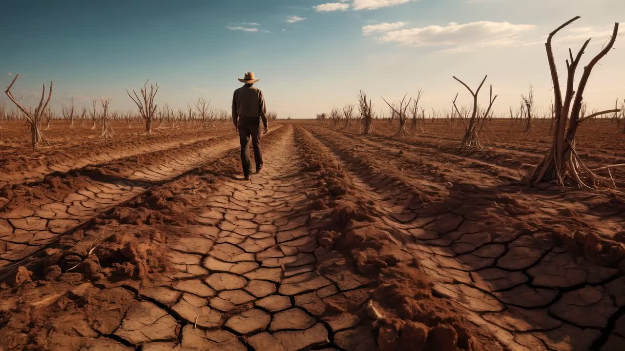 Un uomo cammina su terra arida in un paesaggio colpito dalla siccità