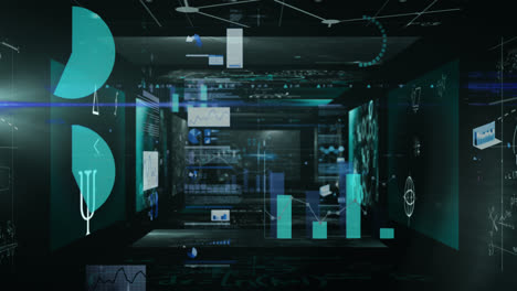 animation of data processing and graphs on scientist screens