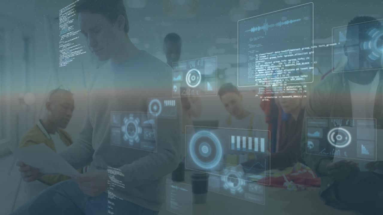 animación del procesamiento de datos sobre diversas personas de negocios que se reúnen en la oficina