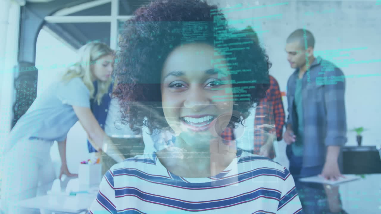 Animation of data processing over happy businesswoman