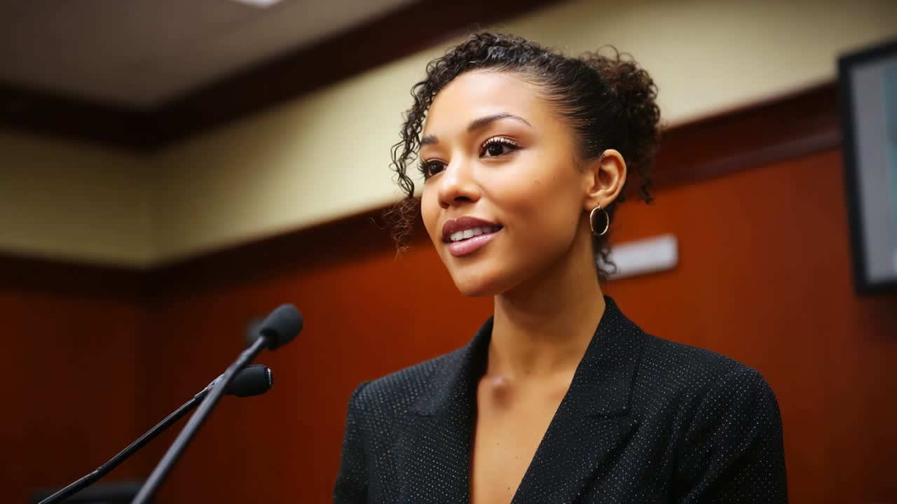 A poised and confident individual stands before a microphone, delivering an important message in a formal setting with a backdrop of muted tones, showcasing engagement, determination, and professionalism
