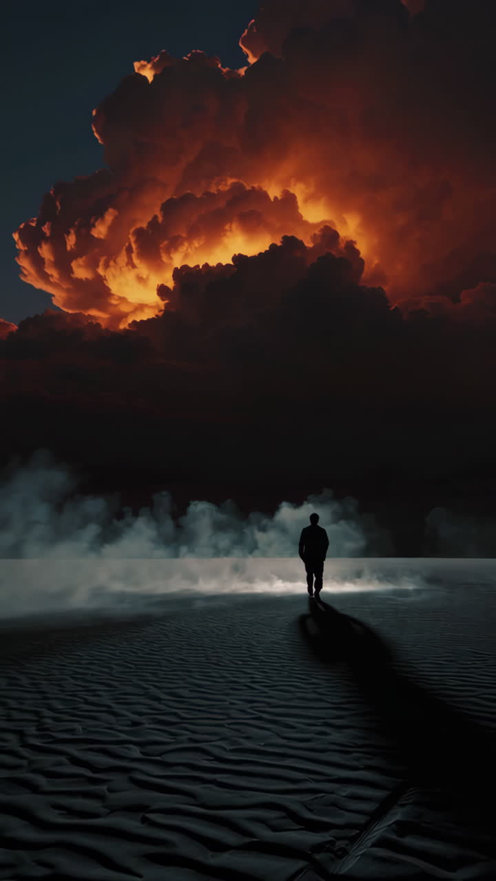 A lone figure walks through a desert at night beneath a fiery storm cloud