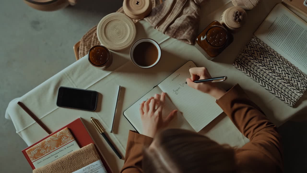 Overhead shot of a woman writing in a notebook