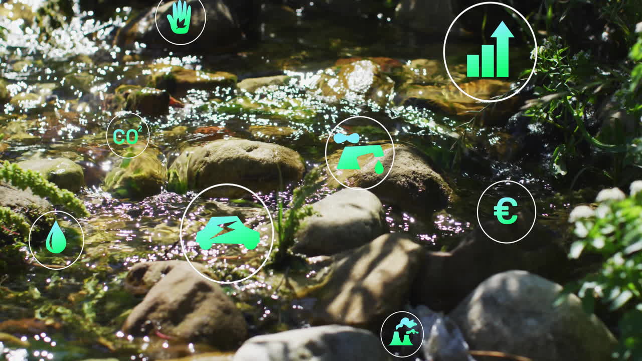 Flowing stream with environmental icons and data processing animation over rocks