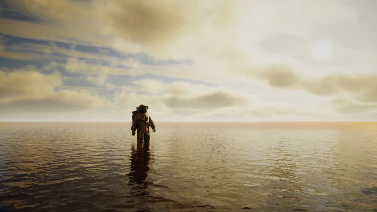 Spaceman in the sea under clouds at sunset
