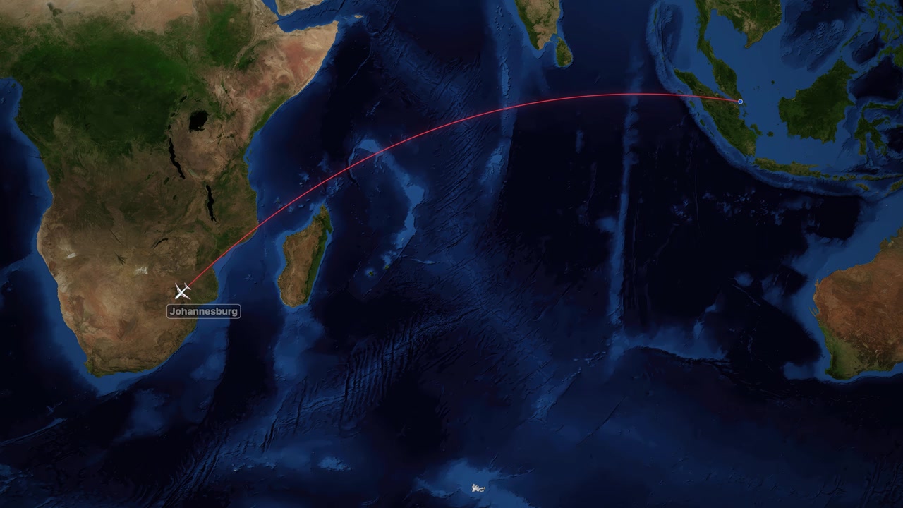Animated Flight Path from Singapore to Johannesburg on World Map