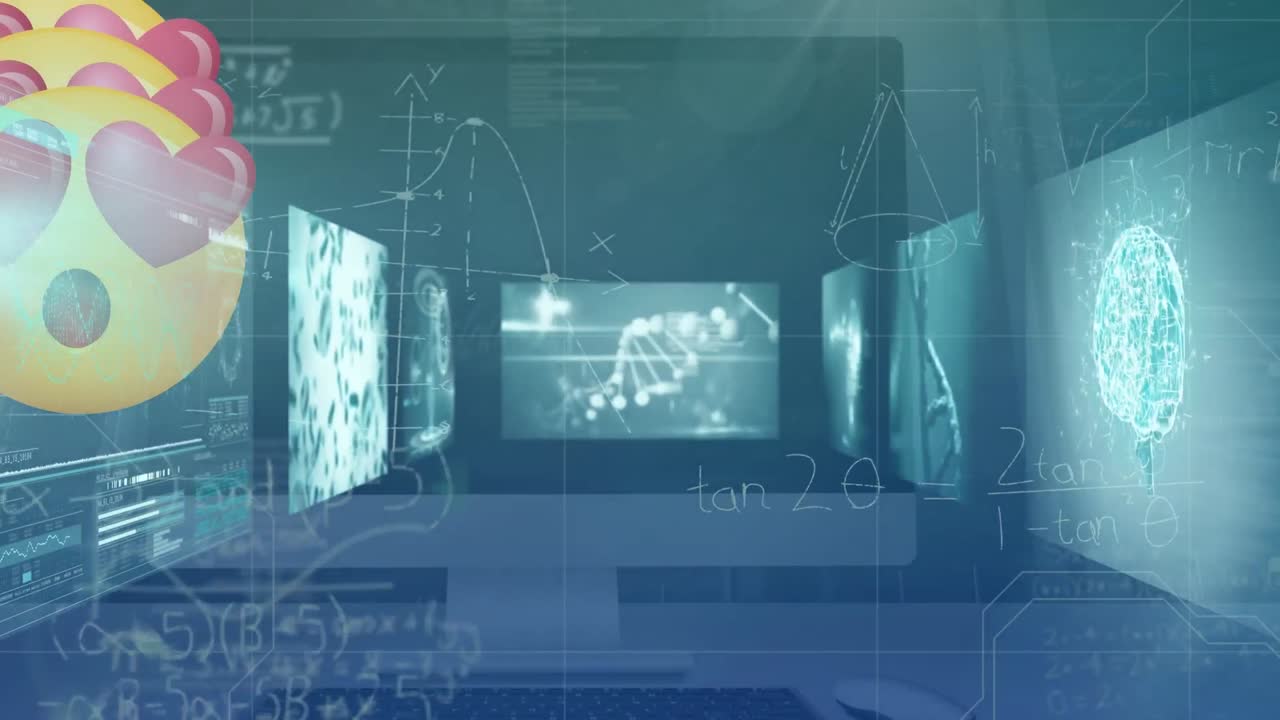 스크린에서 움직이는 다양한 생물학적 데이터에 대한 이모티콘의 애니메이션