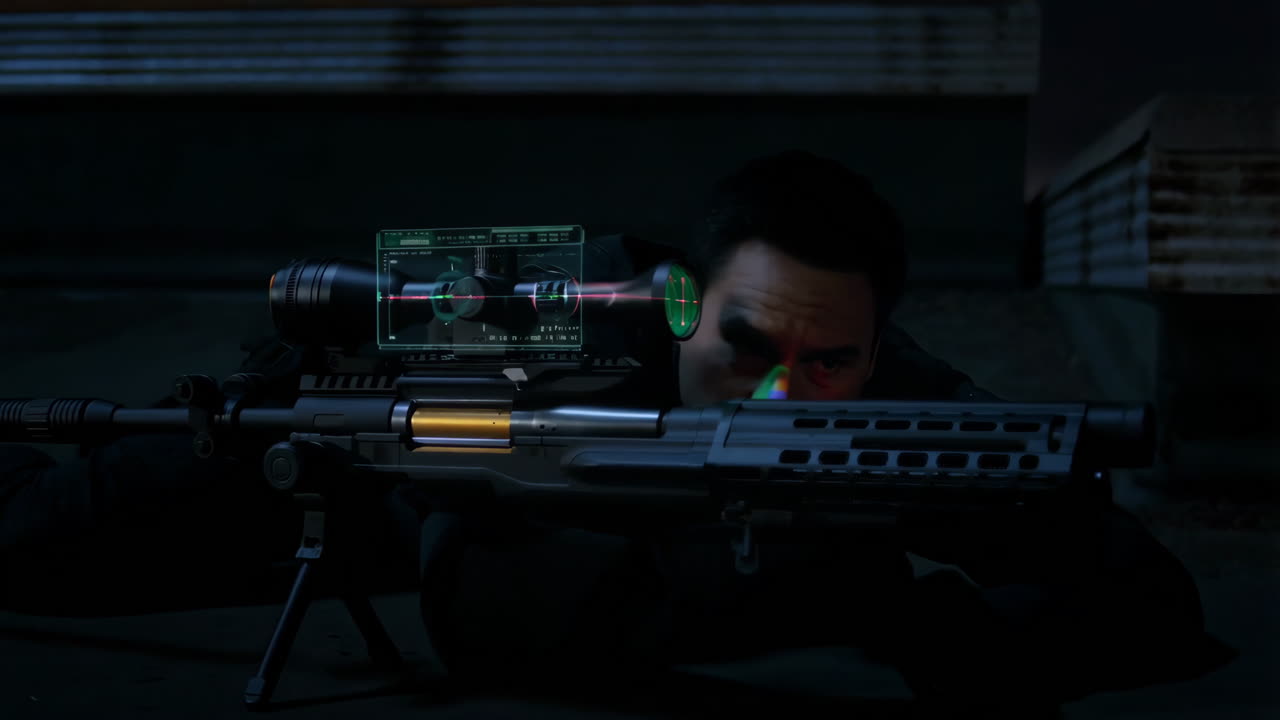 Sniper with Night Vision Equipment at Night