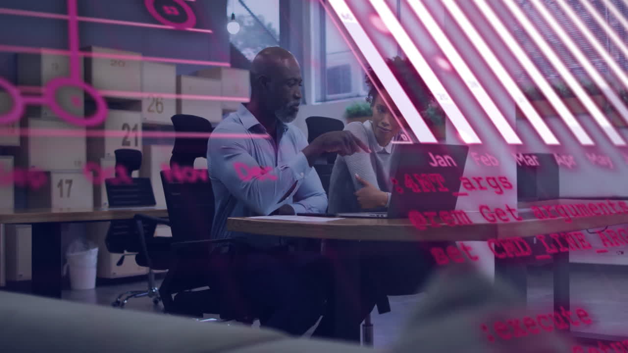 Animation of financial data processing over diverse colleagues discussing work in office