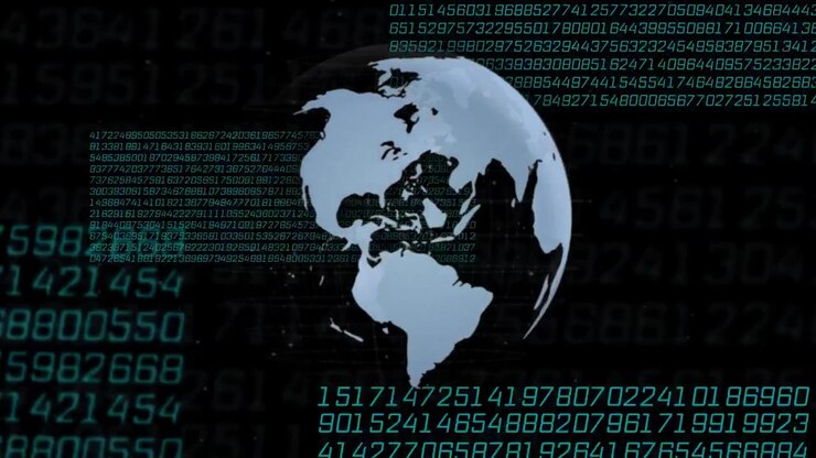 On play start, stylized globe rotating while teal numeric panels sliding, visualizing global data
