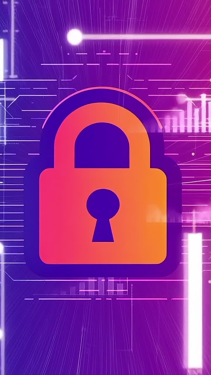 Digital security with graphs. Colorful representation of digital security featuring a padlock surrounded by data graphs and lines denoting movement.