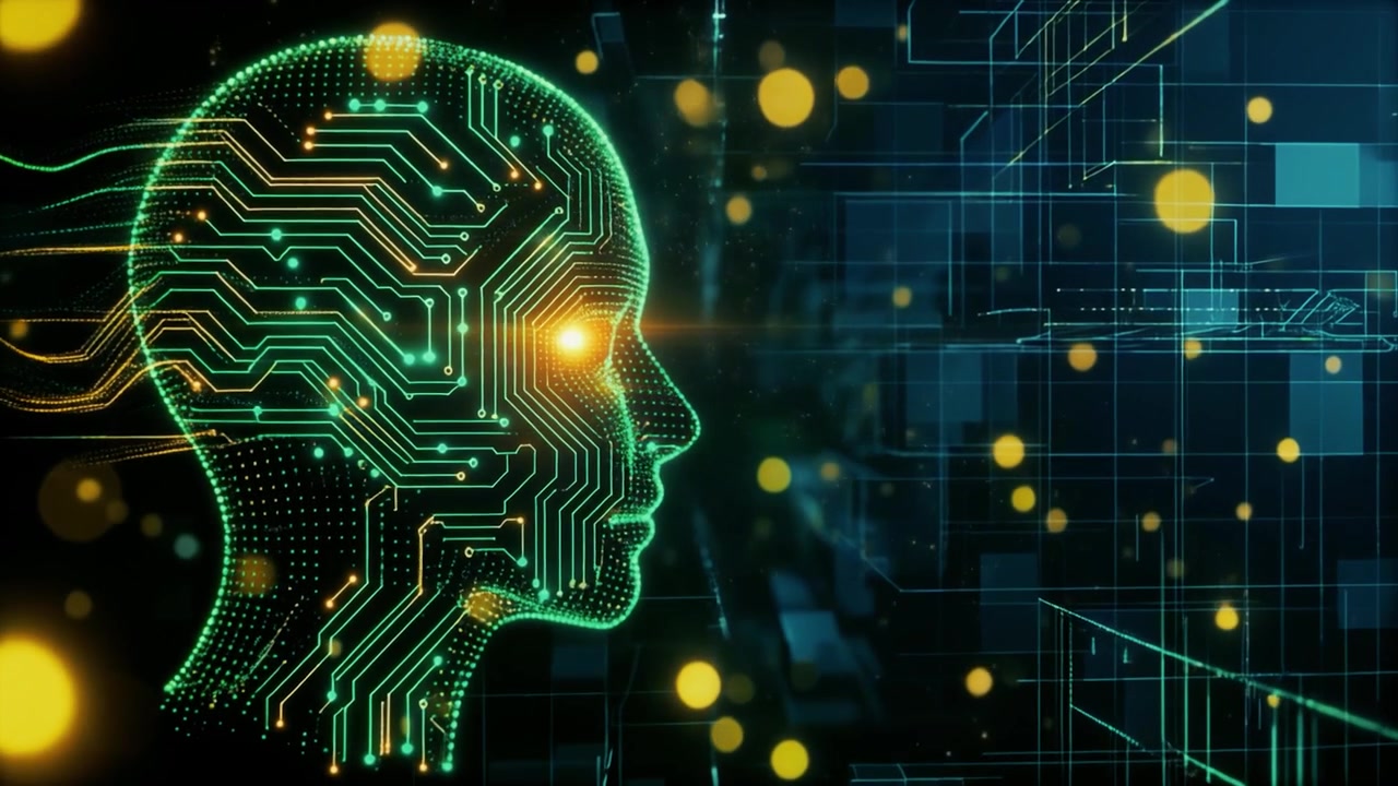 Digital Human Head Profile with Circuit Board Patterns and Data Flow