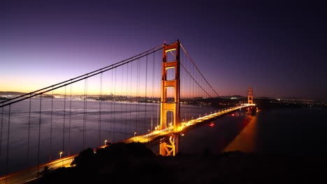 night-to-day timelapse of the iconic san francisco golden gate bridge going from night footage to the morning at sunrise revealing the beautiful urban skyline