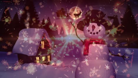 Animation-of-winter-scenery-with-snowman-and-santa-claus-in-sleigh