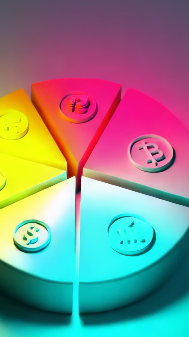 Vertical video: Initiating disk rotating under color lights in studio, highlighting crypto icons