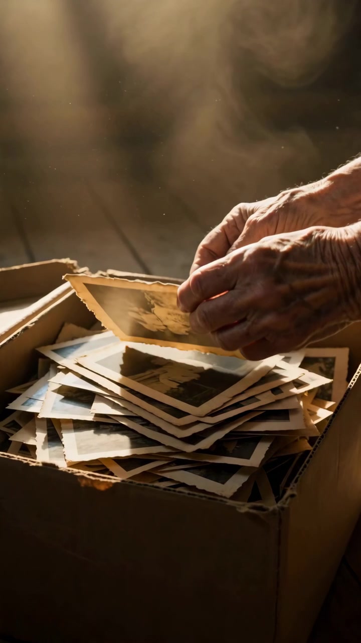Sequential memory scene spanning start to near-end where elderly hands gently reach into worn corrugated cardboard box, lift and inspect creased