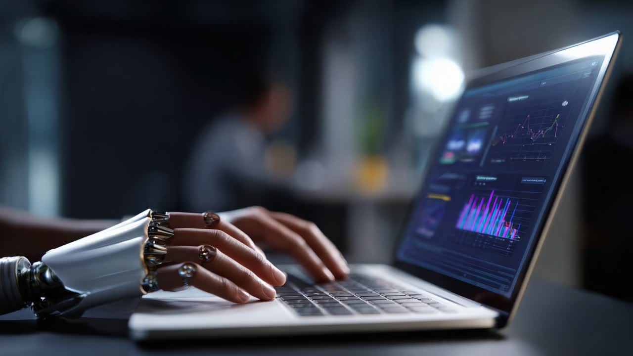 Innovativ teknologi: Nærbilde av en robotisk hånd som skriver på en laptop mens datavisualiseringer og analyser vises på skjermen i et moderne arbeidsområde