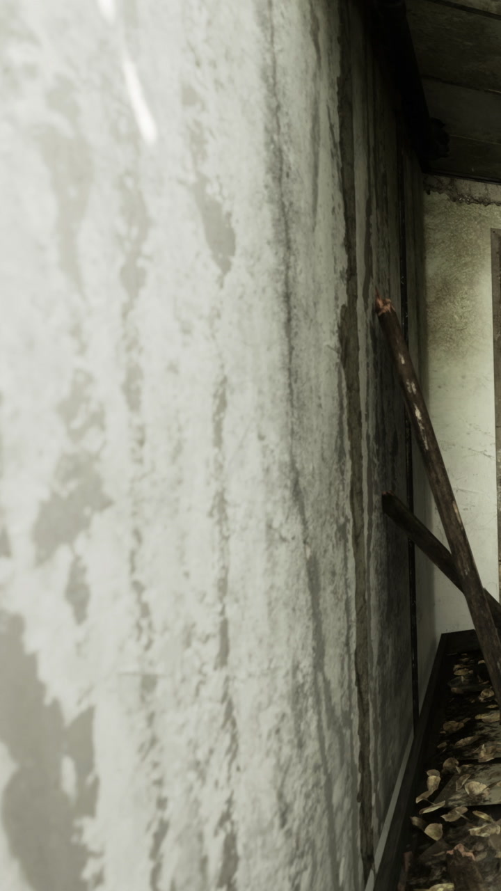Old wall with peeling paint and wooden support in abandoned building space