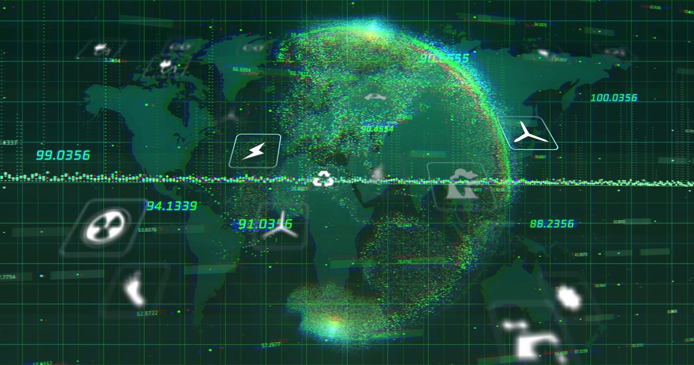 Dashboard loading, particle globe forming, waveform pulsing, metrics updating to show energy health