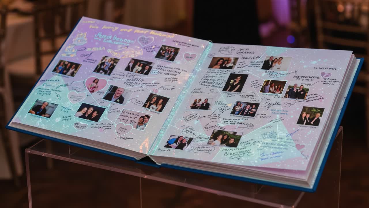 A beautifully designed memory book showcasing heartfelt messages and cherished photographs, celebrating connections and special moments shared among family and friends
