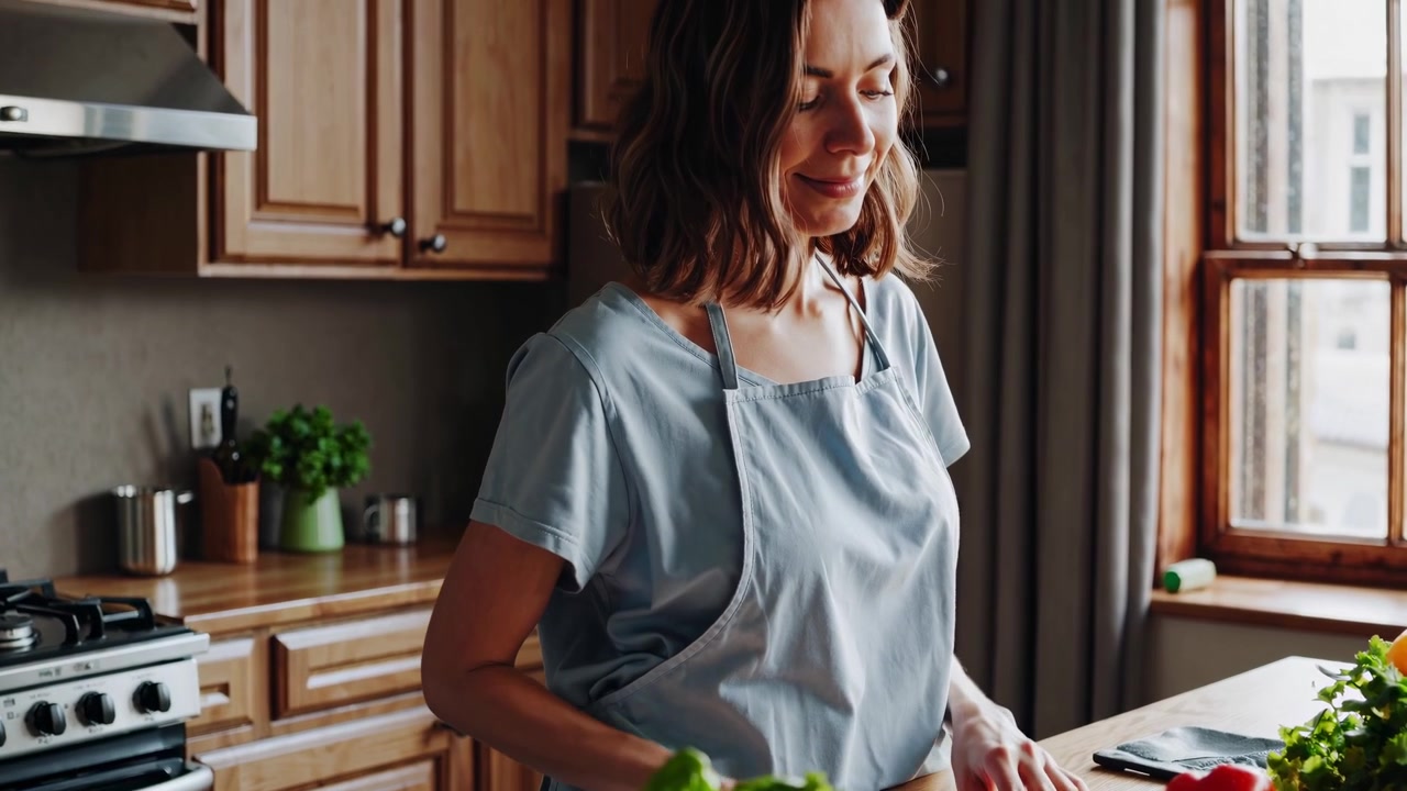 Donna sorridente in grembiule che prepara cibo sano in una moderna cucina di casa