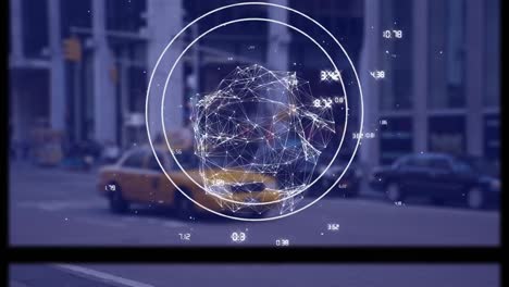 Animación-Del-Globo-Girando-Con-Procesamiento-De-Datos-Y-Red-De-Conexiones-Sobre-El-Paisaje-Urbano.