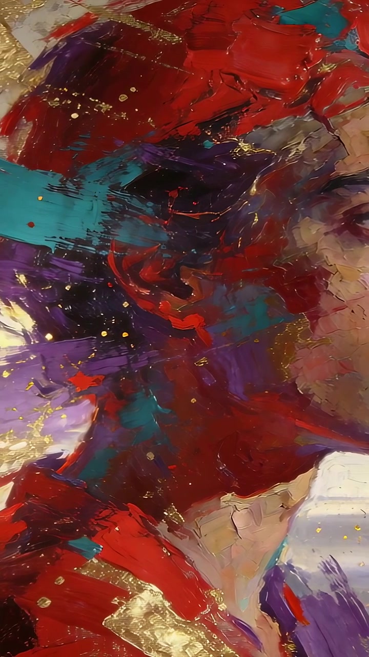 Vertical video: Panning camera left revealing painted profile on studio canvas, showing gold flecks