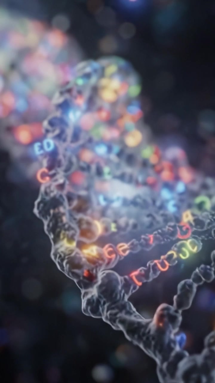 Uno straordinario primo piano di una doppia elica di DNA che mostra le colorate coppie di basi nucleotidiche e la loro intricata disposizione in una struttura molecolare splendidamente renderizzata.