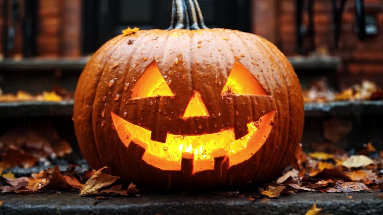 Halloween Pumpkin on Stairs with Fall Leaves